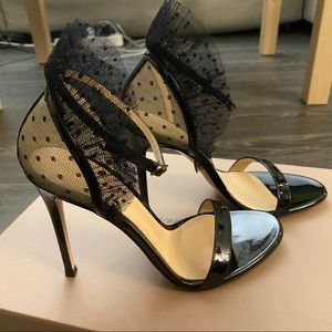 GIANVITO ROSSI Black 105 Ruffled Point D'esprit And Patent-Leather Sandals sz37